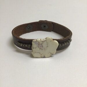 Leather Bracelet Snap Cuff Howlite Beads Closure Adjusts Boho Made In Mexico NEW
